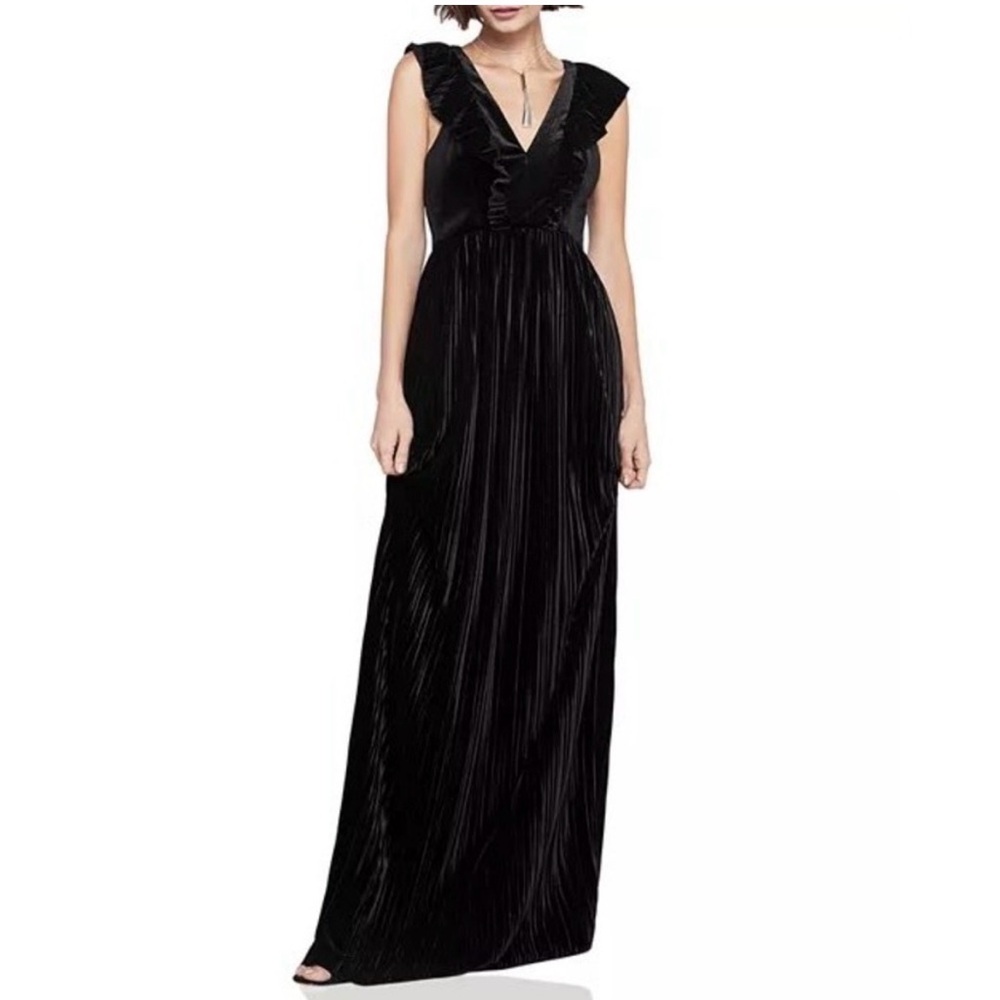 BCBGeneration Black Velvet Pleated Maxi Dress Ruffle V-Neck NWT
